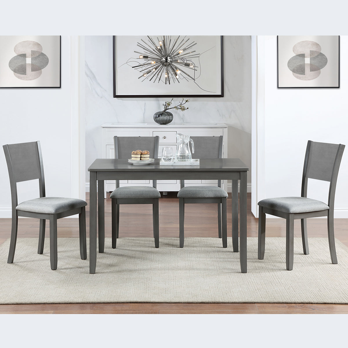 5 Piece Modern Dining Set, Rectangular Wooden Dining Table with 4 Upholstered Chairs for Kitchen, Dining Room, Gray W1998S00055-djyc