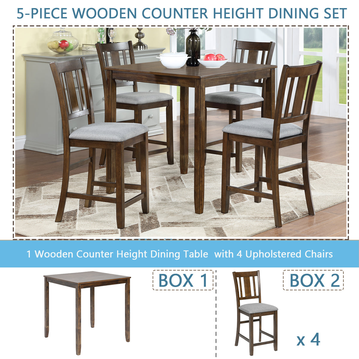 5 Piece Dining Table Set, Wooden Dining Square Table Set for 4, Counter Height Kitchen Table Set with Square Table and 4 Upholstered Chairs for Small Space, Walnut W1998S00035-djyc