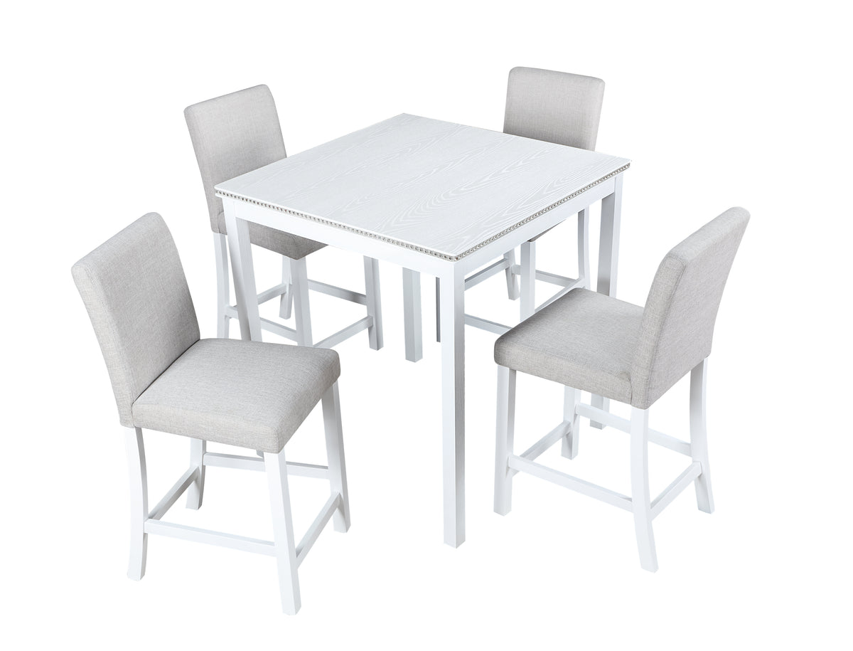 5 Piece Counter Height Table Set, Wooden Kitchen Table Set with Square Table and 4 Upholstered Chairs, Counter Height Dining Table with Crystal Decoration and Chair Set for Kitchen, Dining Room,White W1998S00040-djyc