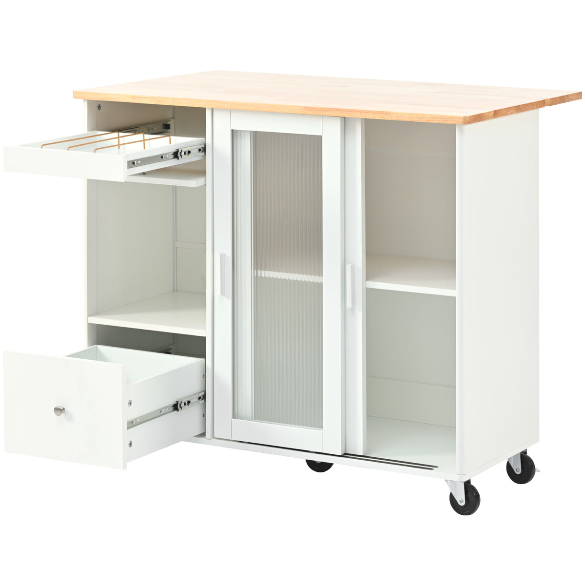 Kitchen Island with Drop Leaf, LED Light Kitchen Cart on Wheels with 2 Fluted Glass Doors and 1 Flip Cabinet Door, Large Kitchen Island Cart with an Adjustable Shelf and 2 Drawers (White) WF311171AAW-djyc