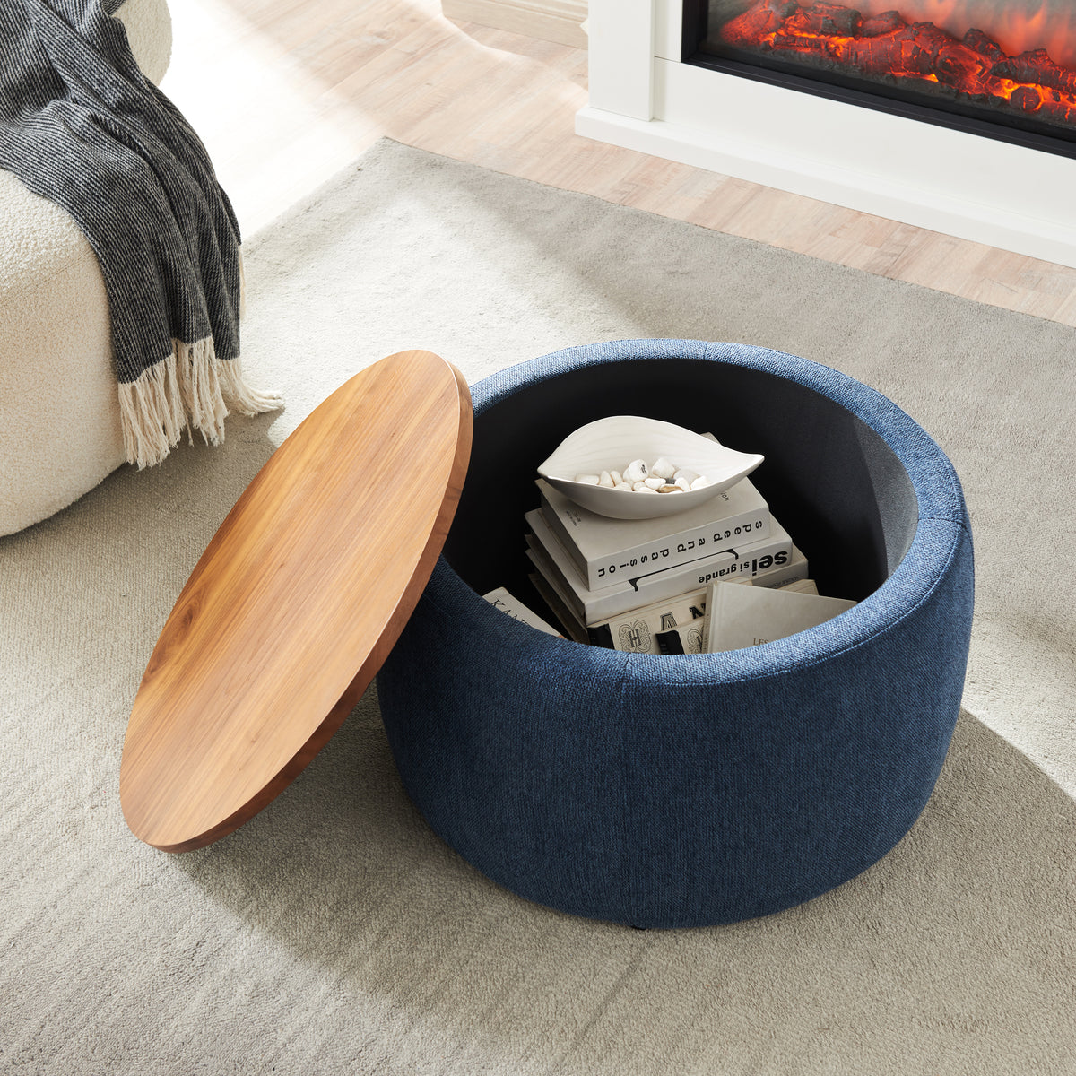 Round Storage Ottoman, 2 in 1 Function, Work as End table and Ottoman, Navy (25.5"x25.5"x14.5") W48735176-djyc