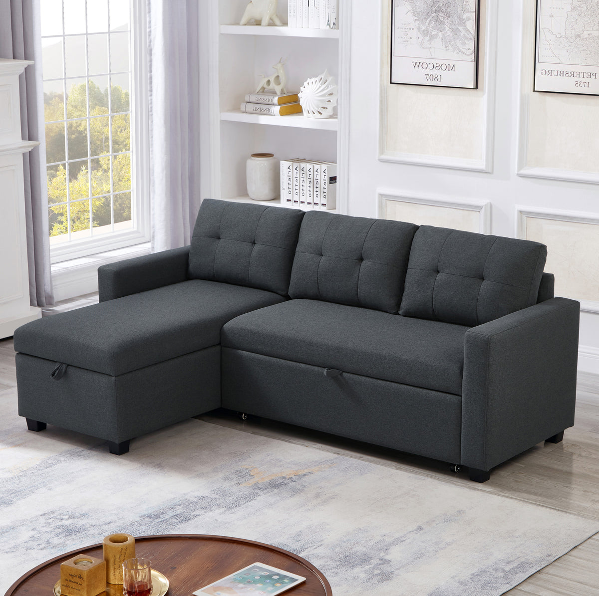 Upholstered Pull Out Sectional Sofa with Storage Chaise, Convertible Corner Couch, Dark Grey W2336S00012-djyc