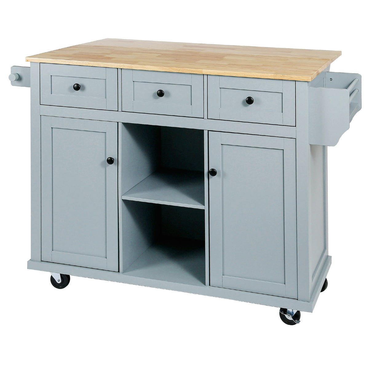 Kitchen Cart with Rubber wood Drop-Leaf Countertop ,Cabinet door internal storage racks,Kitchen Island on 5 Wheels with Storage Cabinet and 3 Drawers for Dinning Room, Grey Blue WF298028AAN-djyc