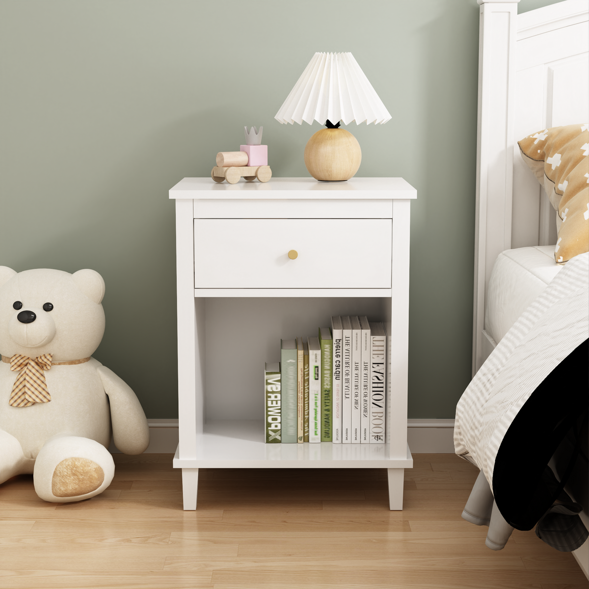 26.77''H Wooden Nightstand with One Drawer One Shelf for Kids, Adults, White W80859138-djyc