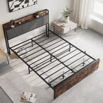 Queen Size Bed Frame, Storage Headboard with Charging Station and 2 Drawers, Solid and Stable, Noise Free, No Box Spring Needed, Easy Assembly, Vintage Brown and Gray W840137808-djyc