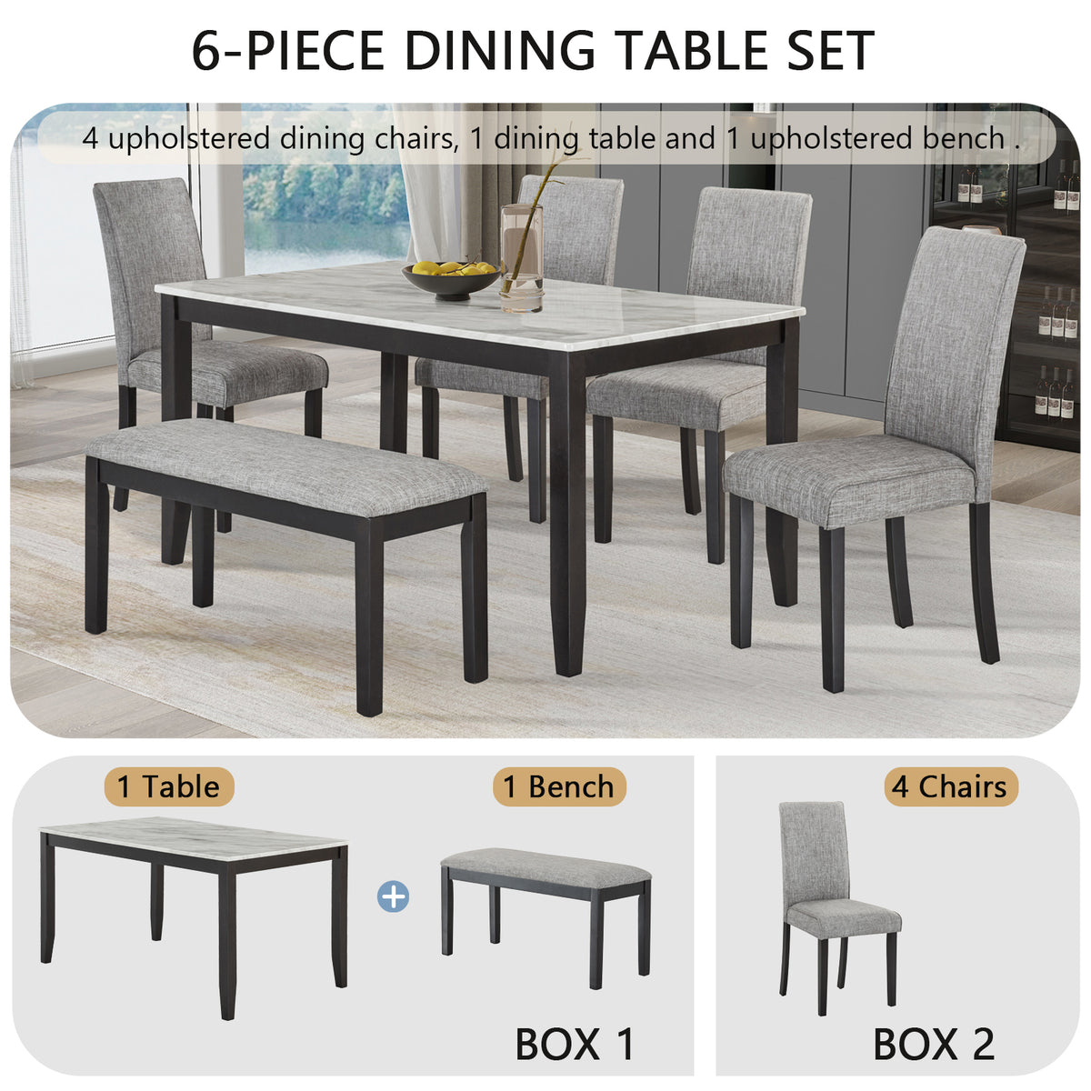 6-Piece Dining Set with Faux Marble Tabletop, Faux Marble dining table set for 6, Modern Wooden Dining Table Set with Bench and 4 Chairs for Kitchen and Dining Room, White +Dark Espresso W1998S00057-djyc