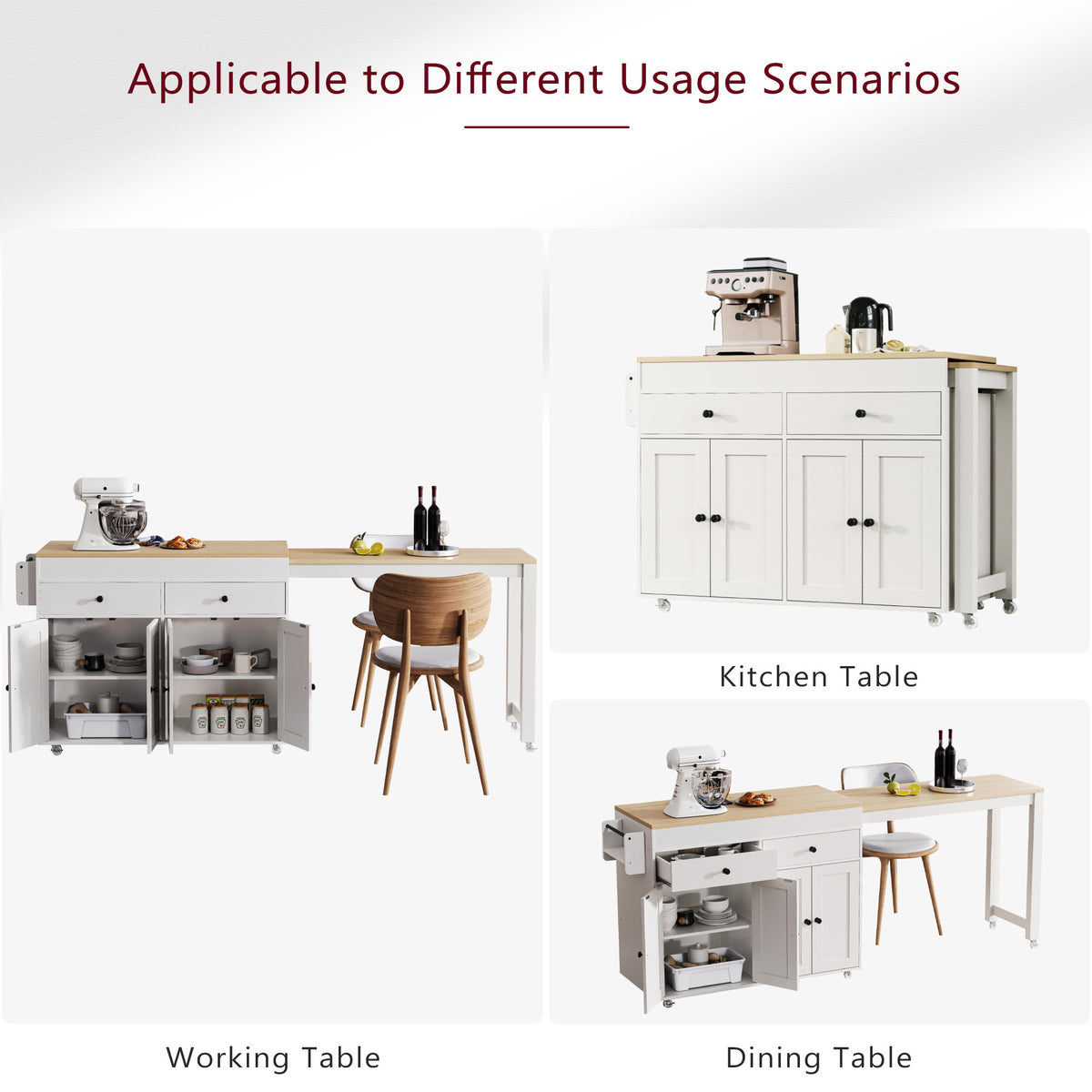 K&K 74.5 inch Kitchen Island with Extendable Dining Table , Rolling Kitchen Island on Wheels with Spice Rack and 2 Drawers,Kitchen Storage Cart with 4 Door Cabinet, for Kitchen, Dining Room, White N707S000009W-djyc