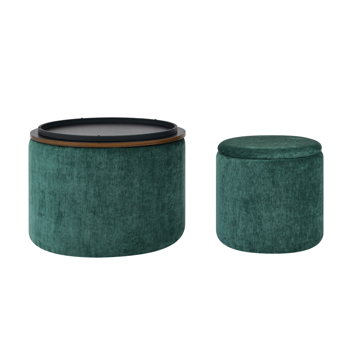 2-Piece Set Round Chenille Storage Ottoman, Equipped with a Drum Shaped Small Stool, Storage Space, and MDF Made Desktop Panel (Dark Green23.62"x23.62"x16.53") W487P179603-djyc