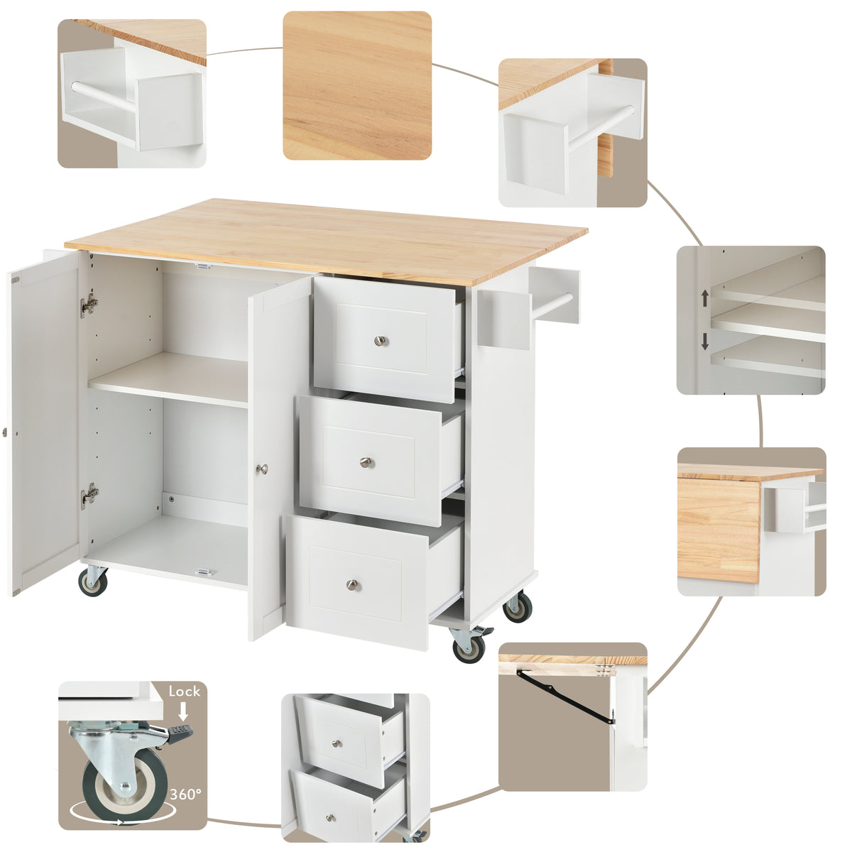 Rolling Mobile Kitchen Island with Solid Wood Top and Locking Wheels,52.7 Inch Width,Storage Cabinet and Drop Leaf Breakfast Bar,Spice Rack, Towel Rack & Drawer (White) WF287035AAW-djyc