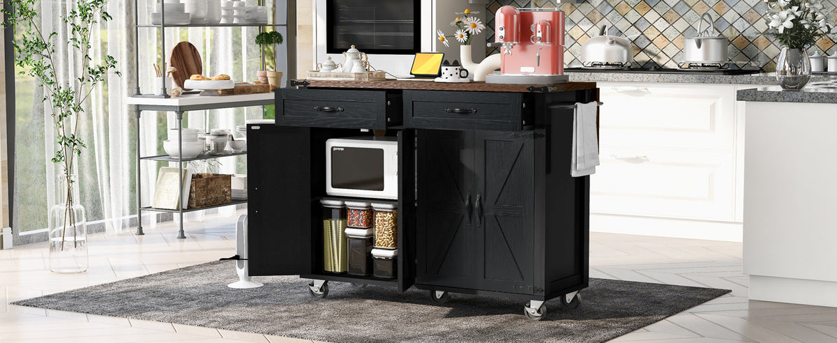 K&K 53.5''Farmhouse Kitchen Island with Power Outlet, Kitchen Storage Island with Drop Leaf, Spice Rack and Drawer, Rolling Kitchen Cart on Wheels, for Home, Kitchen and Dining Room, Black N707P170348B-djyc