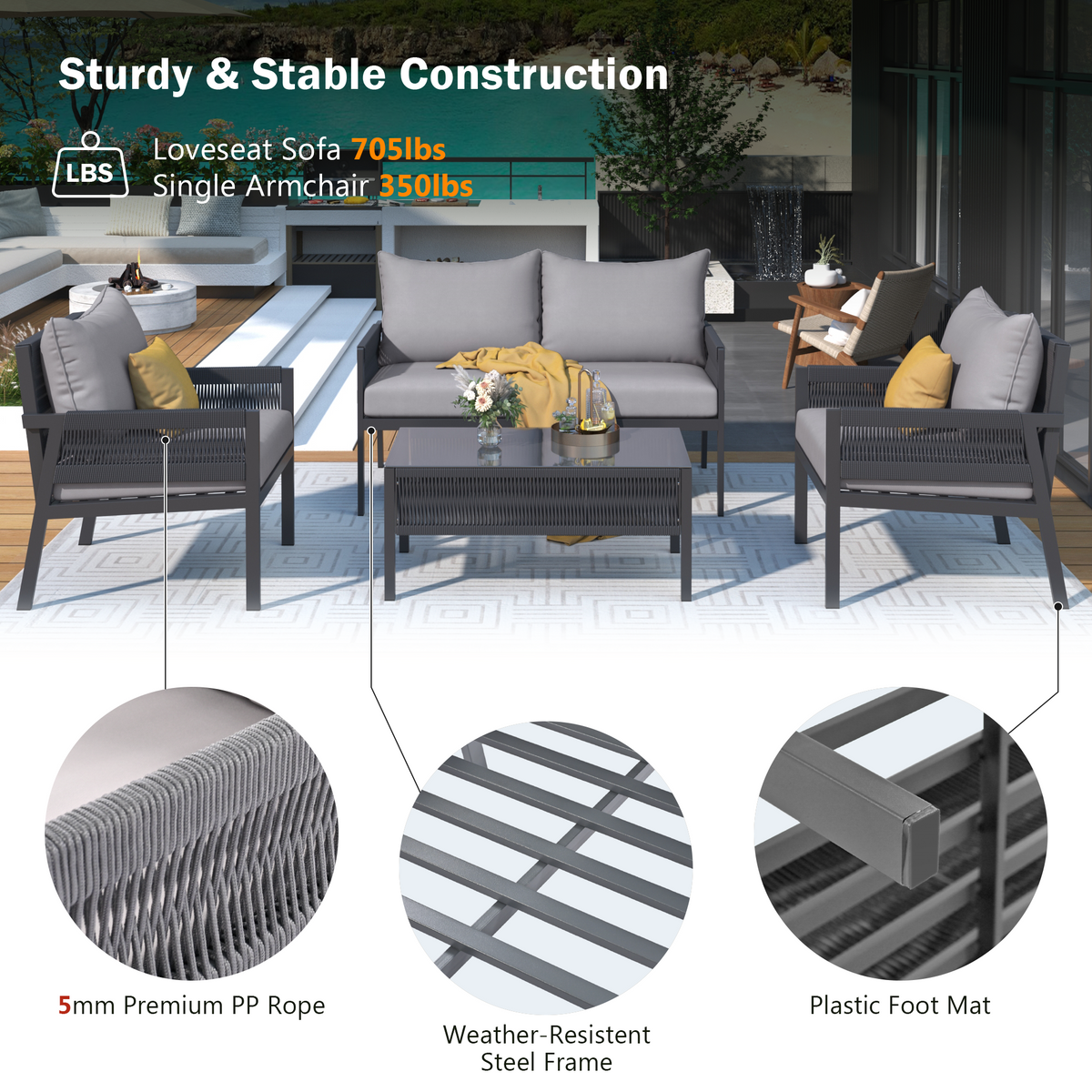 K&K 4-Piece Rope Patio Furniture Set, Outdoor Furniture with Tempered Glass Table, Patio Conversation Set Deep Seating with Thick Cushion for Backyard Porch Balcony (Grey) SK000003AAG-djyc