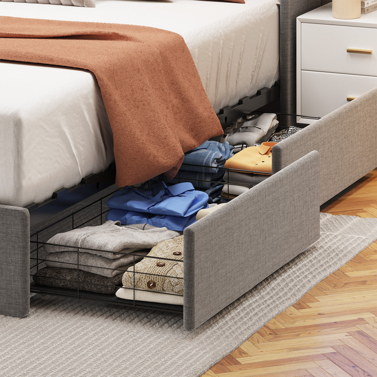 Full Size Bed Frame with LED, 4 Under-bed Portable Storage Drawers, Wings Headboard Design, Light Grey W1960S00001-djyc