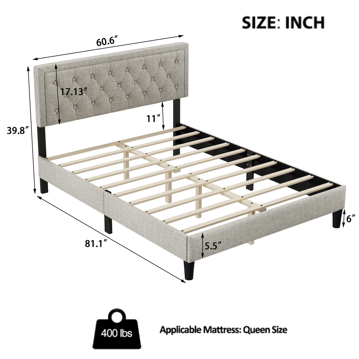 Queen size Panel Bed Frame with Adjustable Button-Tufted Headboard for Bedroom/Linen Upholstered/Wood Slat Support/Easy Assembly,Linen Beige W1793140495-djyc