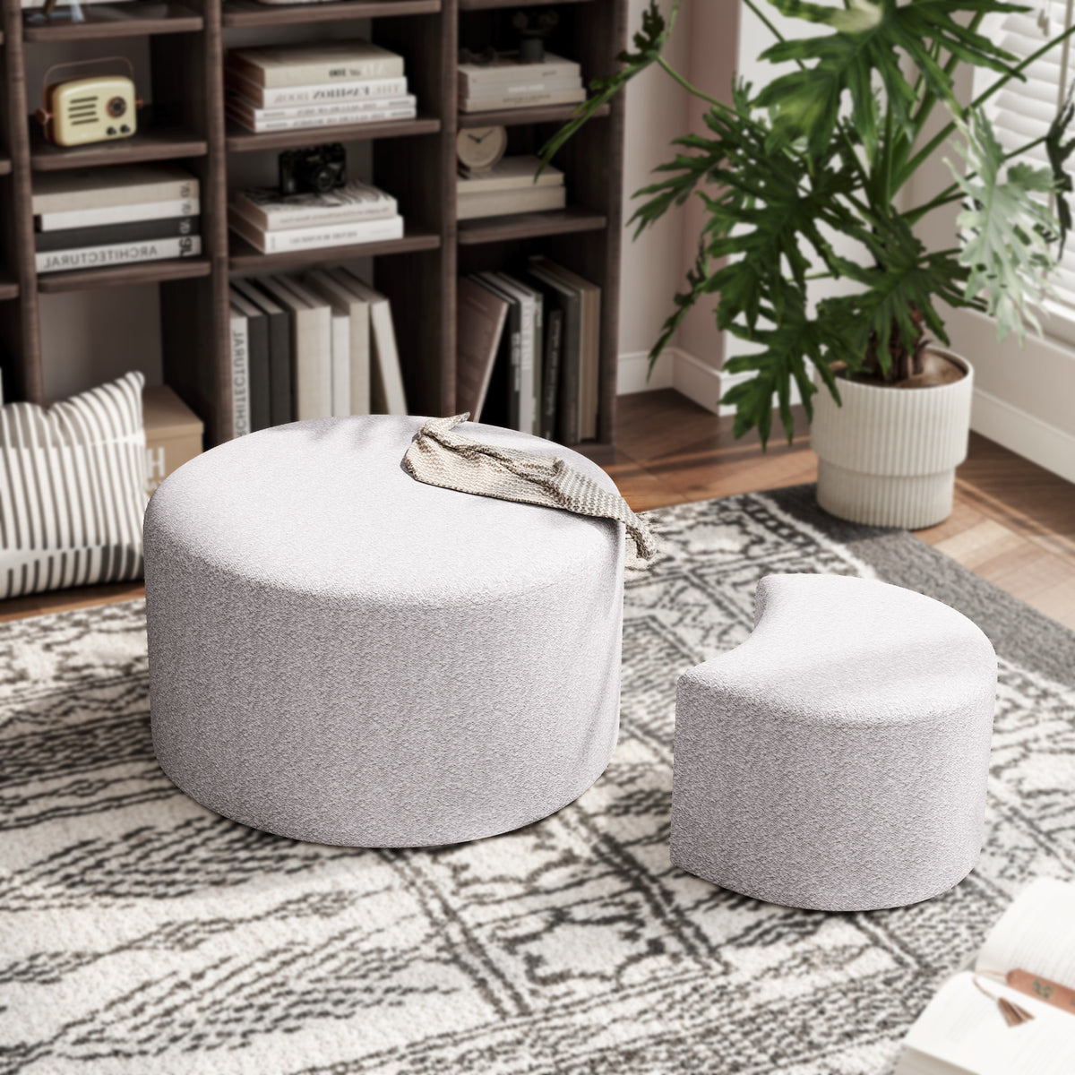 Upholstered Nesting Coffee Tables (Set of 2), Side Table, Footrest, Ottoman & Seat for Living Room Bedroom Entryway Office, Beige Yarn Dyed Fabric W1435P163393-djyc