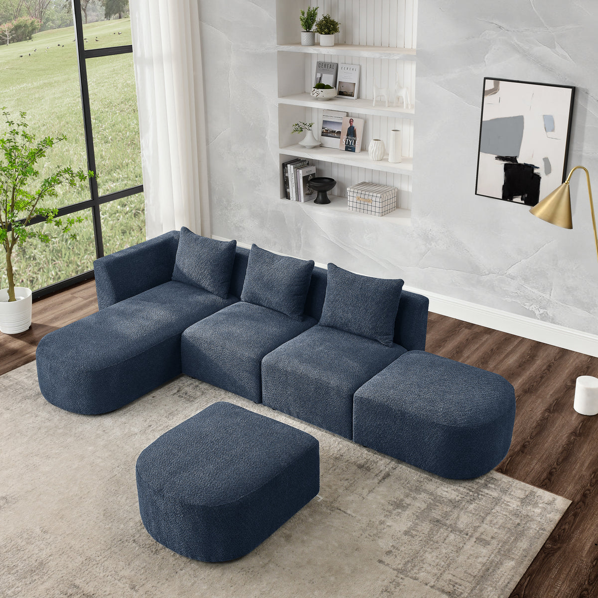 L Shape Sectional Sofa including Two Single Seats, Left Side Chaise and Two Ottomans, Modular Sofa, DIY Combination, Loop Yarn Fabric, Navy W487S00160-djyc