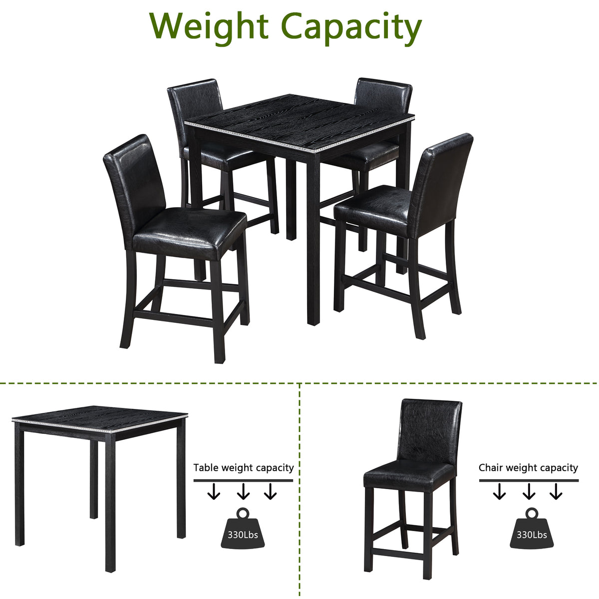 5 Piece Counter Height Table Set, Wooden Kitchen Table Set with Square Table and 4 Upholstered Chairs, Counter Height Dining Table with Crystal Decoration and Chair Set for Kitchen, Dining Room,Black W1998S00038-djyc