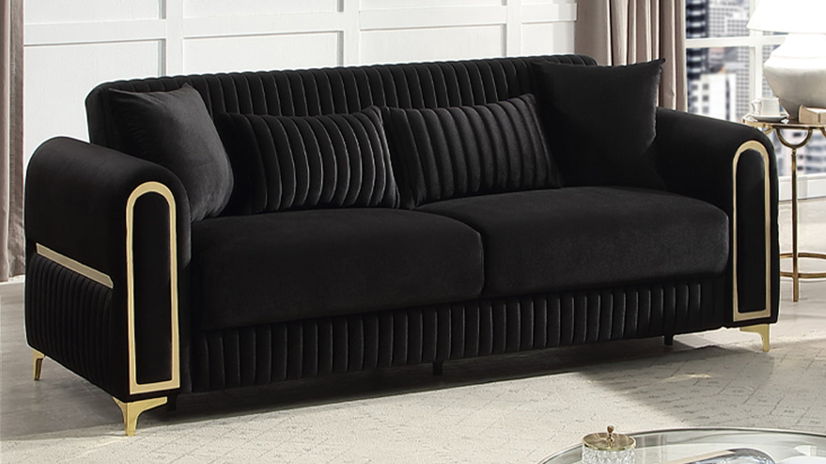 Ruby Modern Upholstered Sofa in Black with Solid Birch Wood Frame, Pocket Coil Seating and Gold Stainless Steel Legs-B009S02245