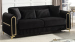 Ruby Modern Upholstered Sofa in Black with Solid Birch Wood Frame, Pocket Coil Seating and Gold Stainless Steel Legs-B009S02245