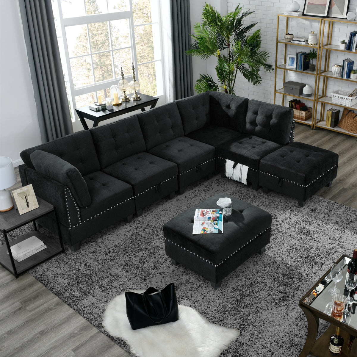 L shape Modular Sectional Sofa,DIY Combination,includes Three Single Chair ,Two Corner and Two Ottoman,Black Velvet. W487S00071-djyc