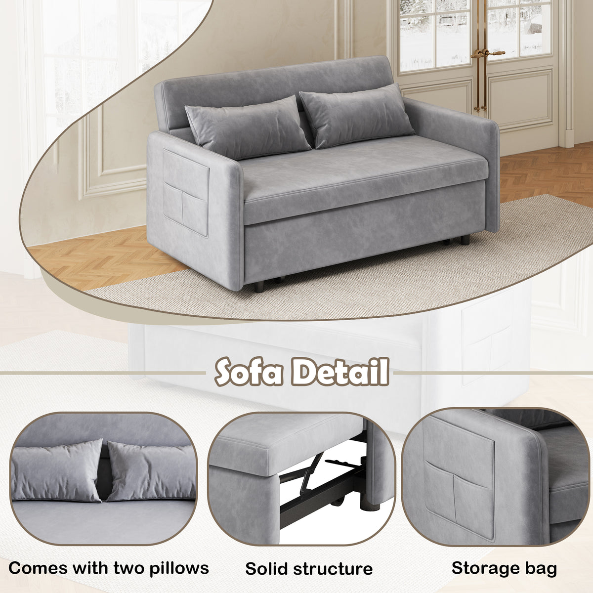 Sofa Pull Out Bed Included Two Pillows 54" Grey Velvet Sofa for Small Spaces W1278125091-djyc