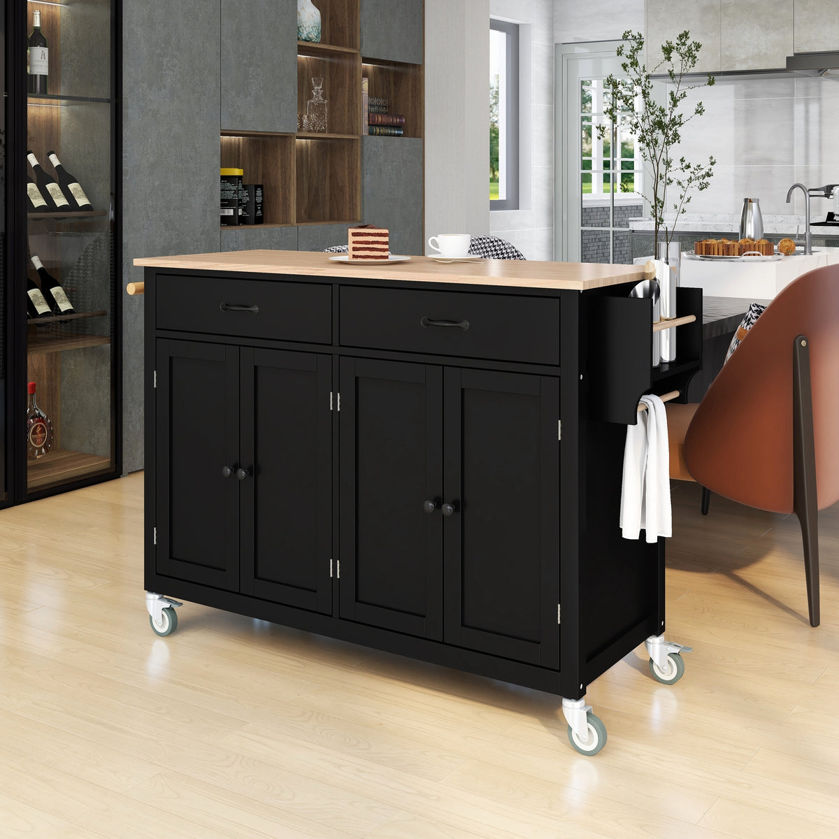 Kitchen Island Cart with Solid Wood Top and Locking Wheels,54.3 Inch Width,4 Door Cabinet and Two Drawers,Spice Rack, Towel Rack (Black) WF286911AAB-djyc