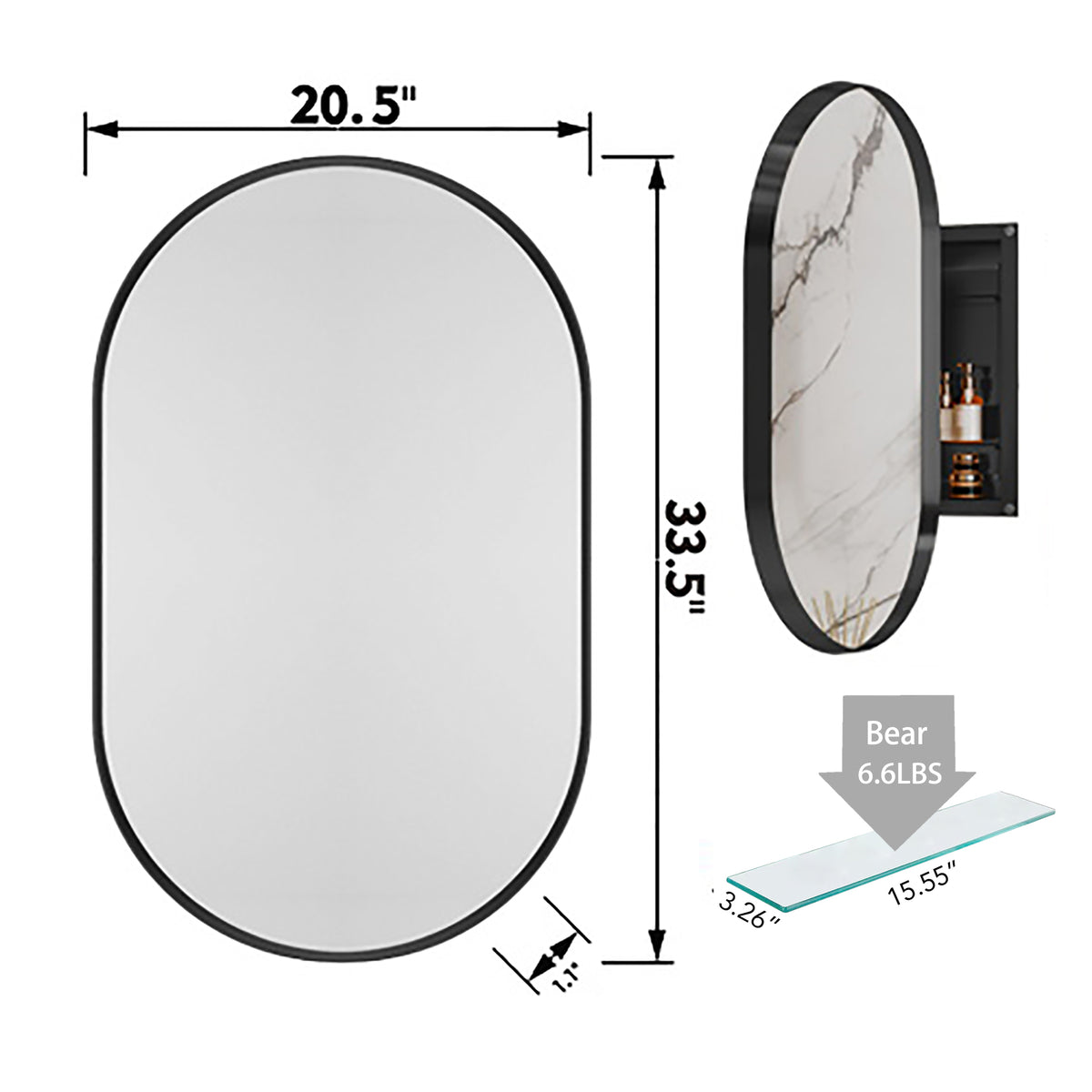 20x34 Inch Oval Recessed Medicine Cabinet, Metal Framed Bathroom Wall Cabinet with Mirror and Adjustable Shelves, Wall Mirror with Storage for Bathroom, Matte Black W1435P201160-djyc