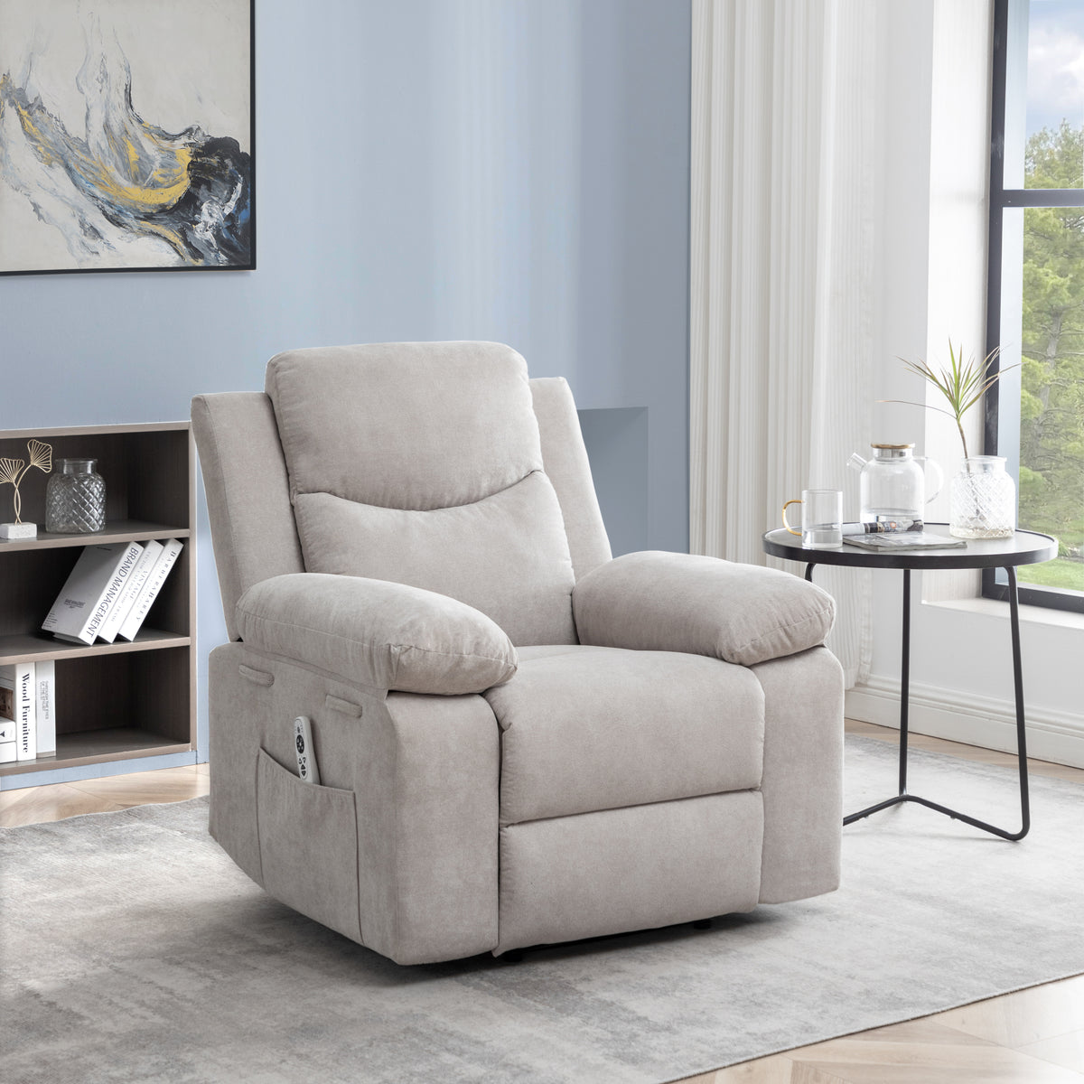 Power Recliner Chair with Adjustable Massage Function, Velvet Electric Power Chair for Elderly with One Side Pockets, Recliner Chair with Heating System for Living Room,Beige W1998120239-djyc