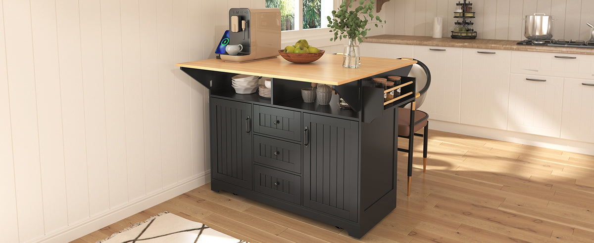 K&K 55.7'' Large Kitchen Island with 2 Drop Leaf,, Rolling Kitchen Cart on 5 Wheels with Power Outlet, Folding Storage Dining Table with Spice & Towel Rack , 3 Drawers, for Kitchen, Dining Room,Black N707P186617B-djyc