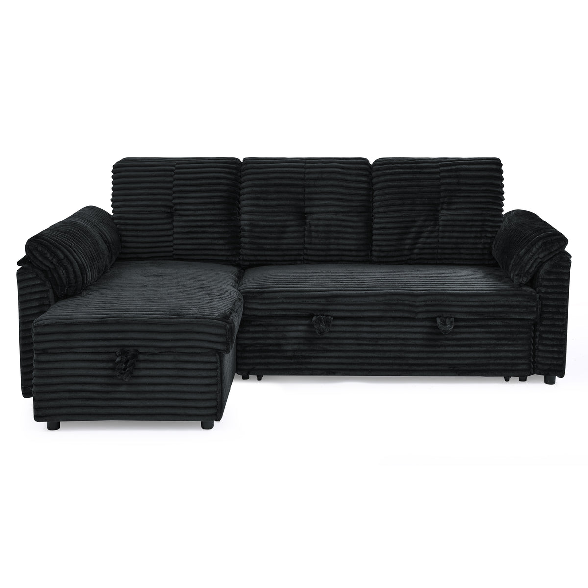 Corduroy Tufted Upholstered Sleeper Sectional Sofa, L-Shaped Modular Convertible Sofa with Reversible Storage Chaise, Pull Out Sleep Couch Bed and Reclining Backrest Perfect for Living Space, Black W487S00227-djyc