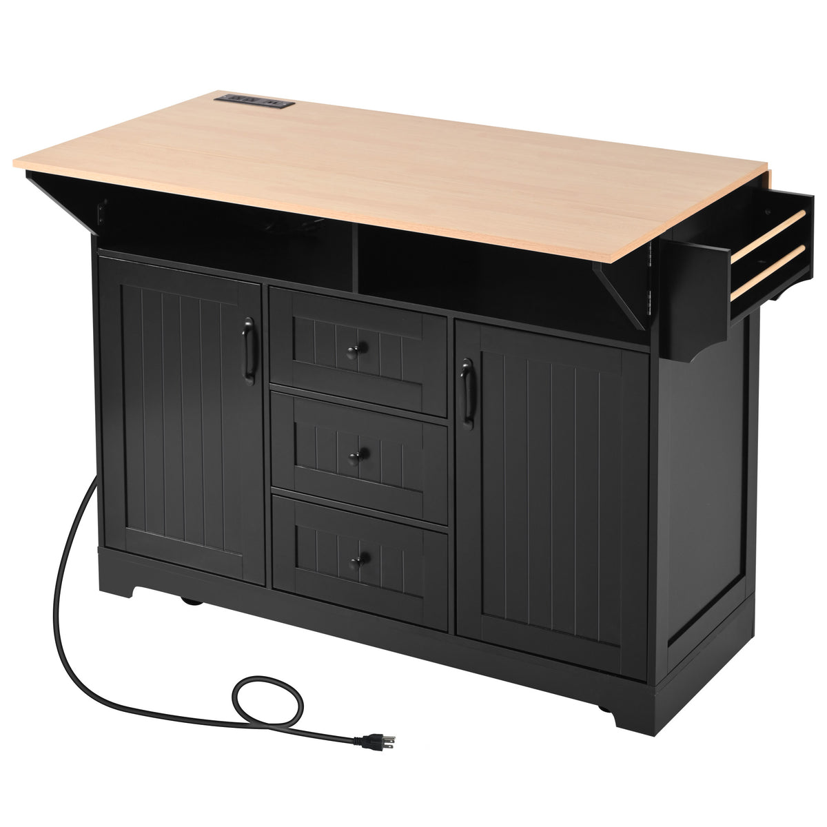 K&K 55.7'' Large Kitchen Island with 2 Drop Leaf,, Rolling Kitchen Cart on 5 Wheels with Power Outlet, Folding Storage Dining Table with Spice & Towel Rack , 3 Drawers, for Kitchen, Dining Room,Black N707P186617B-djyc