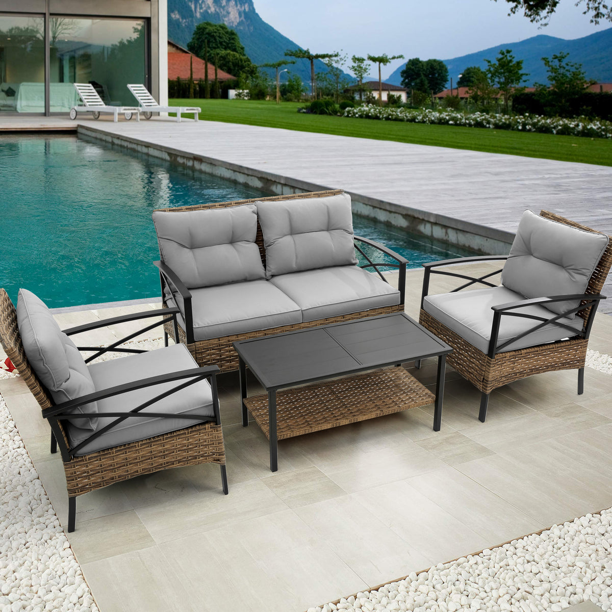 Patio 4 piece sectional low dining conversation sofa set- KD rattan wicker outdoor garden furniture corner sofa set with cushion. W640S00032-djyc
