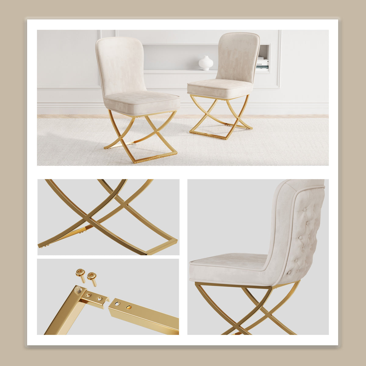 Dining Chair Set of 2, Beige velvet Backrest and golden Metal legs.For Modern Kitchen Dining Room Chair for Kitchen Living Modern decorative Leisure chairs.Office chairs y-2009 W1727P195278-djyc