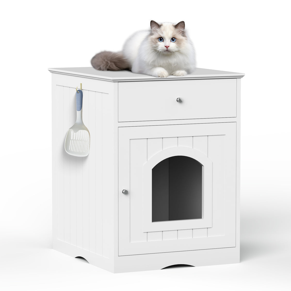 Wooden Pet House Cat Litter Box Enclosure with Drawer, Side Table, Indoor Pet Crate, Cat Home Nightstand (White) W80863135-djyc