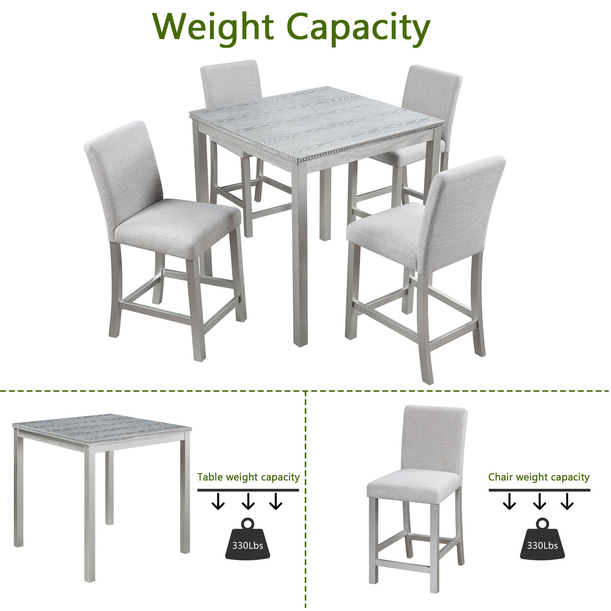 5 Piece Counter Height Table Set, Wooden Kitchen Table Set with Square Table and 4 Upholstered Chairs, Counter Height Dining Table with Crystal Decoration and Chair Set, Silver grey W1998S00039-djyc