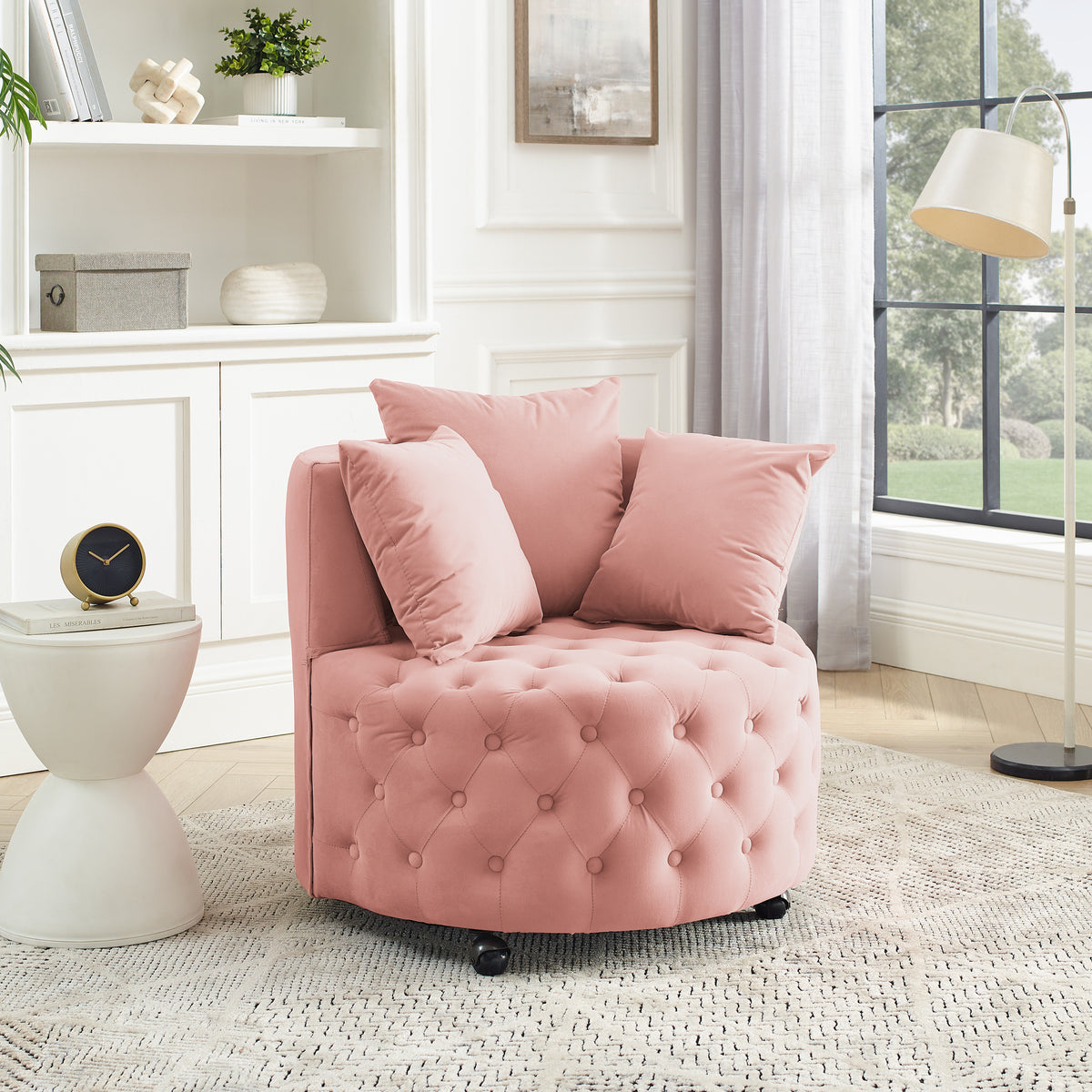 Velvet Upholstered Swivel Chair for Living Room, with Button Tufted Design and Movable Wheels, Including 3 Pillows, Pink W487124836-djyc