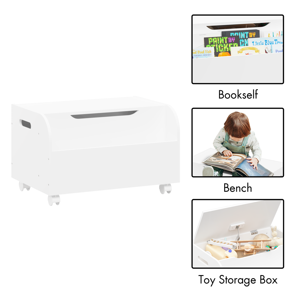 Wooden Toy Box with 4 Universal Wheels, Kids Toy Storage Organizer with Front Bookshelf, Flip-Top Lid, Safety Hinge, Boys Girls Toy Chest Bench for Playroom Kids Room Organization (White) W808127601-djyc