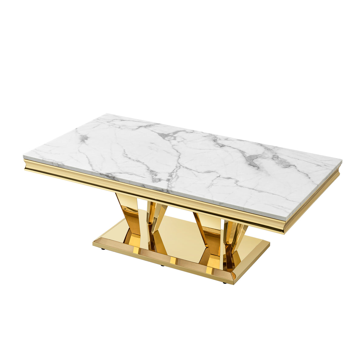 51.18" Modern Rectangular 0.78" Thick MDF Marble Pattern Top, Coffee Table Stainless Steel Base with Gold Mirror Finish W2723S00009-djyc