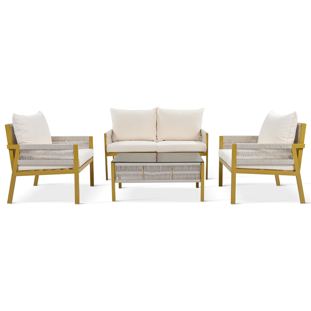 K&K 4-Piece Rope Patio Furniture Set, Outdoor Furniture with Tempered Glass Table, Patio Conversation Set Deep Seating with Thick Cushion for Backyard Porch Balcony (Beige&Mustard Yellow) SK000003AAZ-djyc