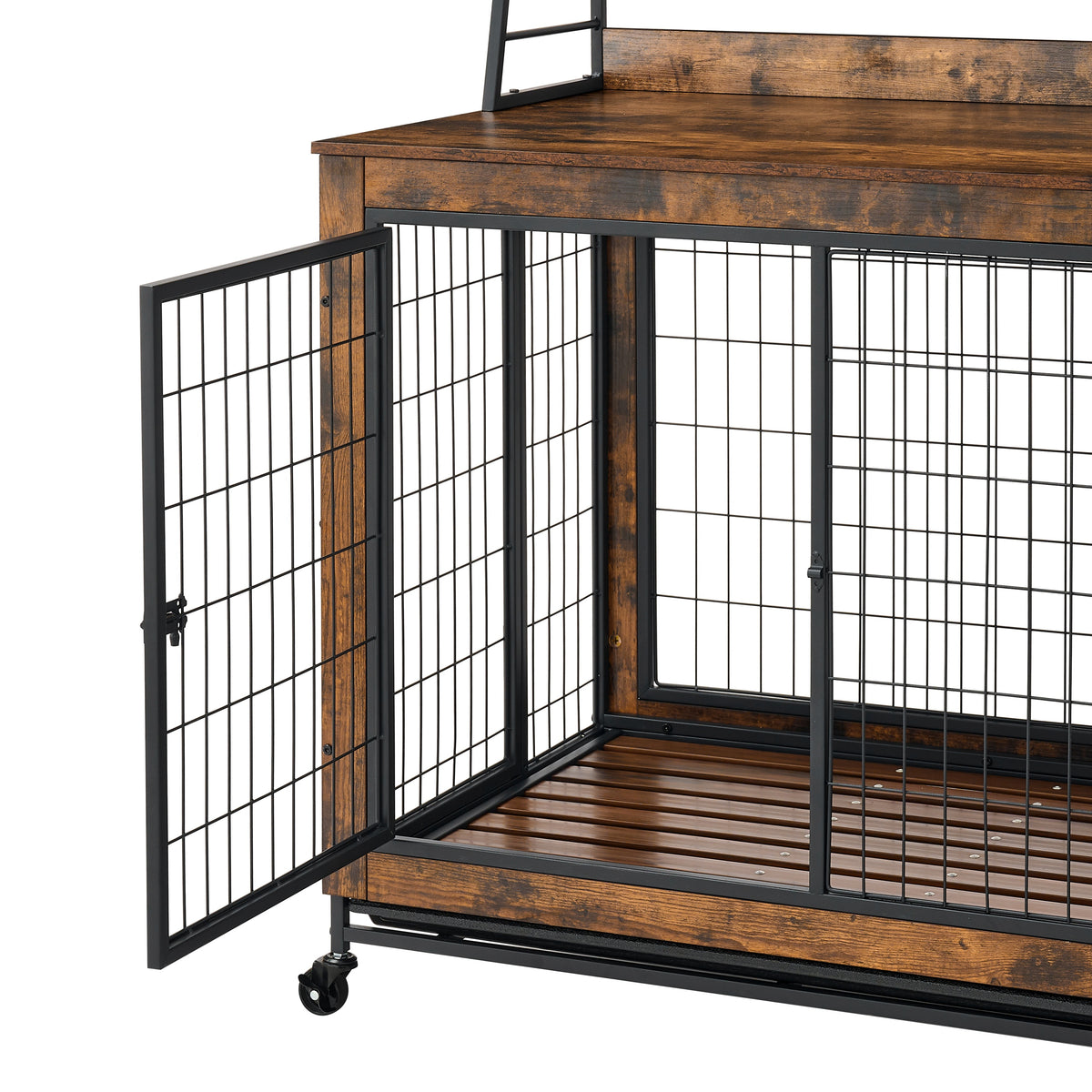 Furniture type dog cage iron frame door with cabinet, two door design, Rustic Brown,37.99"WX27.36"DX59.92"H W1903P151284-djyc