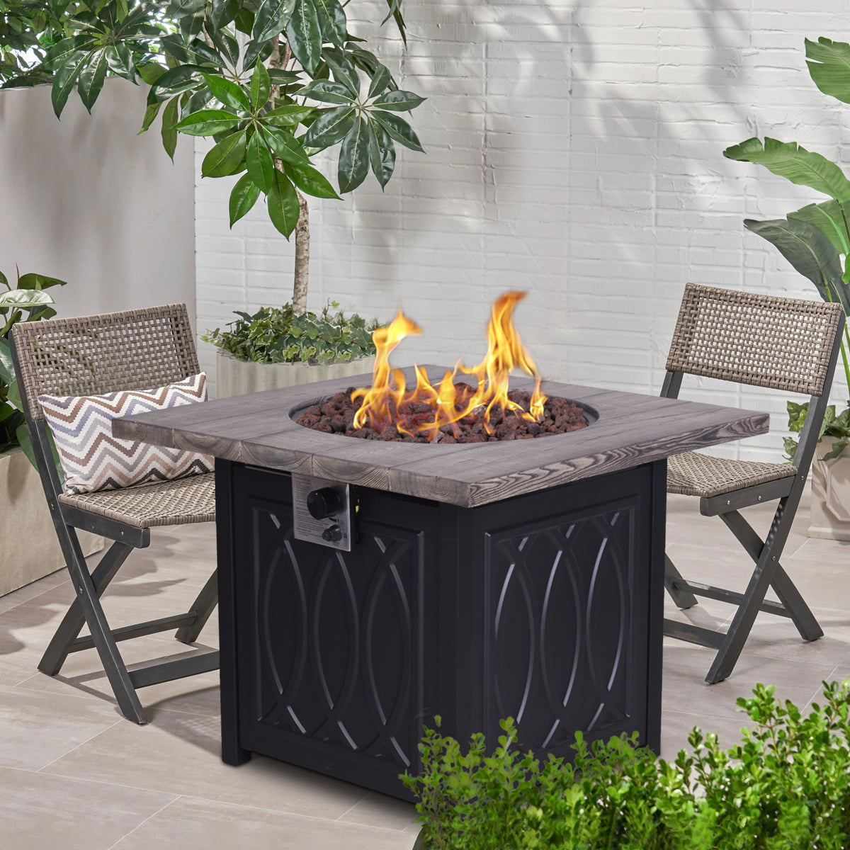 Faux Woodgrain Table top And Steel Base Propane Outdoor Fire Pit Table With Lid W2029120085-djyc