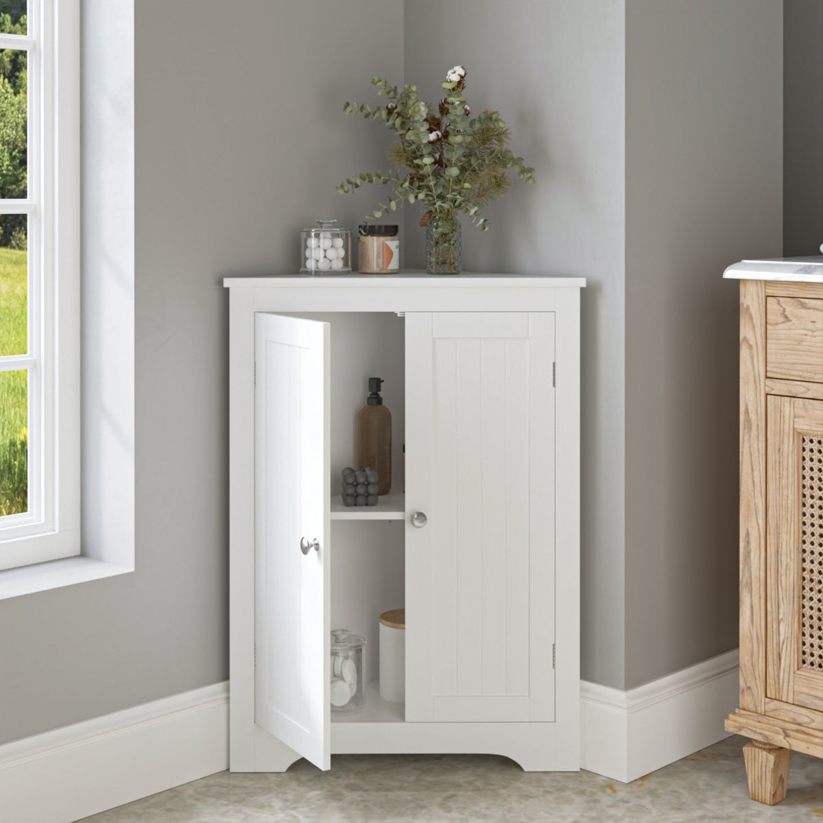 Floor Corner Cabinet with 2 Doors and Adjustable Shelves, Freestanding Narrow Cabinet Organizer, Corner Storage Cabinets for Bathroom, Kitchen, Living Room, or Bedroom, White W808P175911-djyc