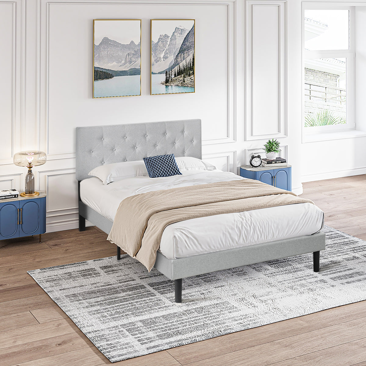 Queen Size Upholstered Platform Bed Frame with Modern Button Tufted Linen Fabric Headboard, No Box Spring Needed, Wood Slat Support, Easy Assembly, Grey W311P197752-djyc