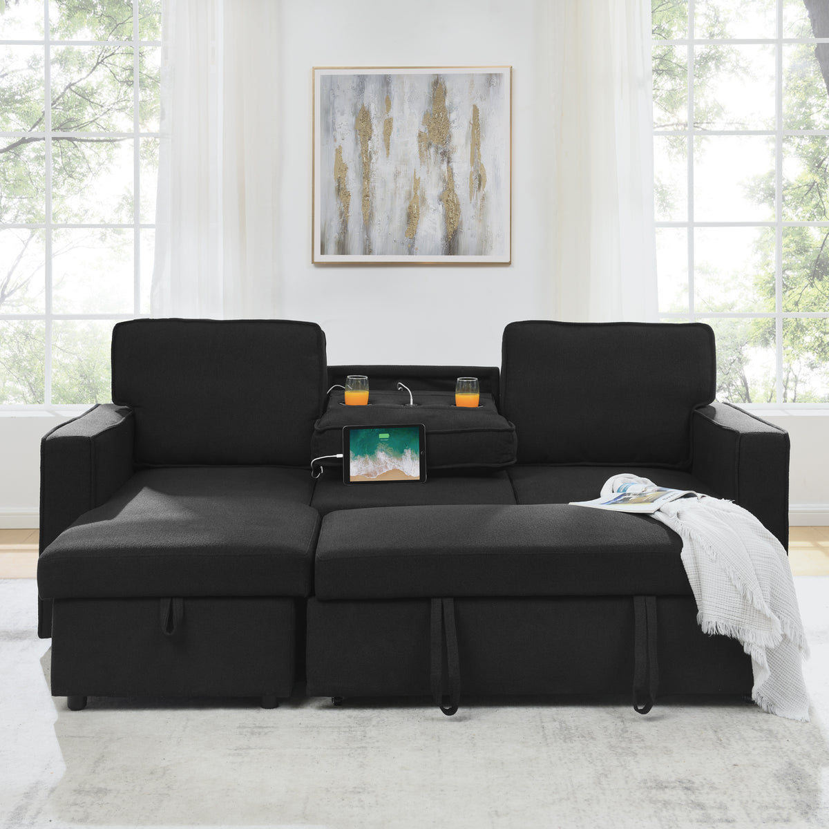 Linen Upholstered Sleeper Sectional Sofa, Shaped Modular Convertible Sofa with Storage Chaise,There are two cup holders in the middle and USB multi-interface function,Pull Out Sleep Couch Bed ,Black W487S00246-djyc