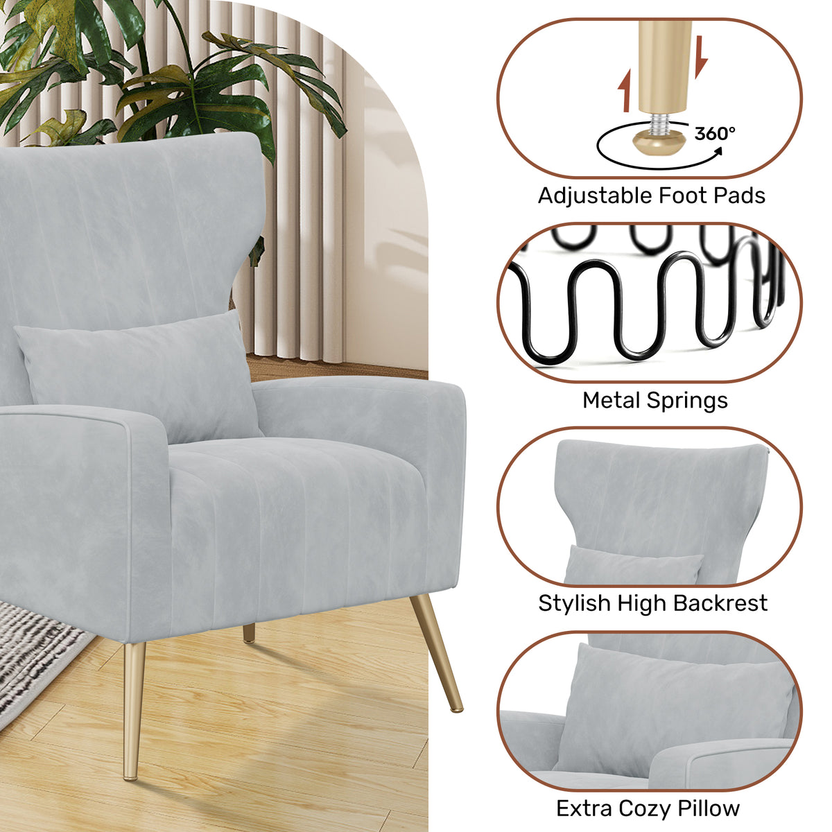 Fashionable High-Back Velvet Upholstered Armchair: High-Density Foam & Adjustable Feet FU01055-wz