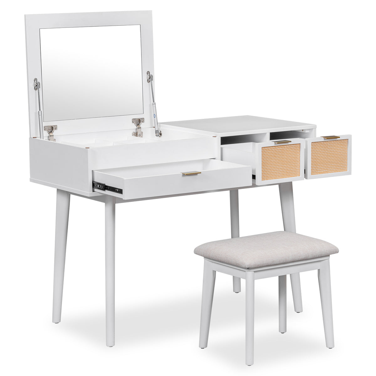 43.3" Classic Wood Makeup Vanity Set with Flip-top Mirror and Stool, Dressing Table with Three Drawers and storage space, White WF305498AAK-djyc