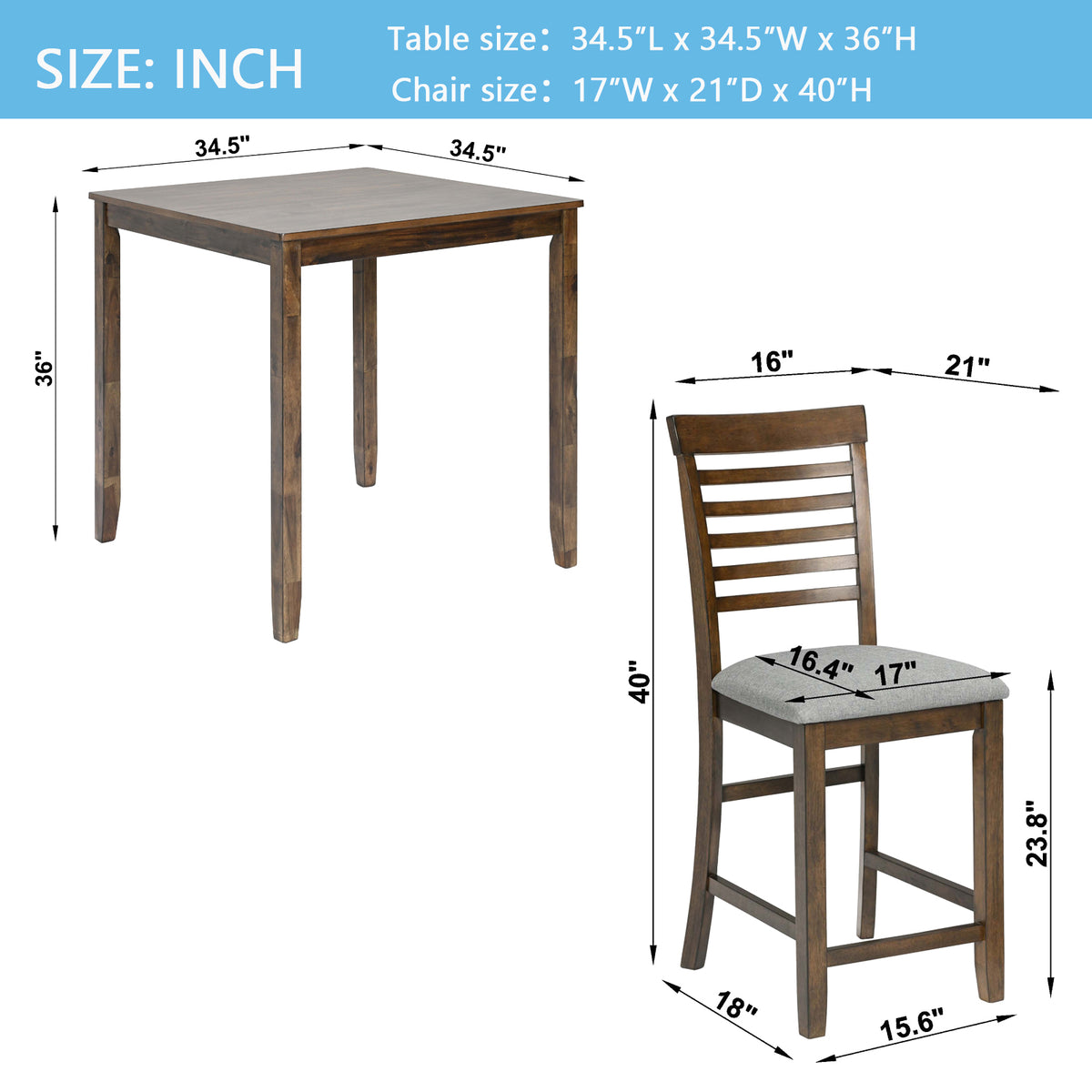 5 Piece Dining Table Set, Wooden Dining Square Table Set for 4, Counter Height Kitchen Table Set with Square Table and 4 Upholstered Chairs for Small Space, Walnut W1998S00033-djyc