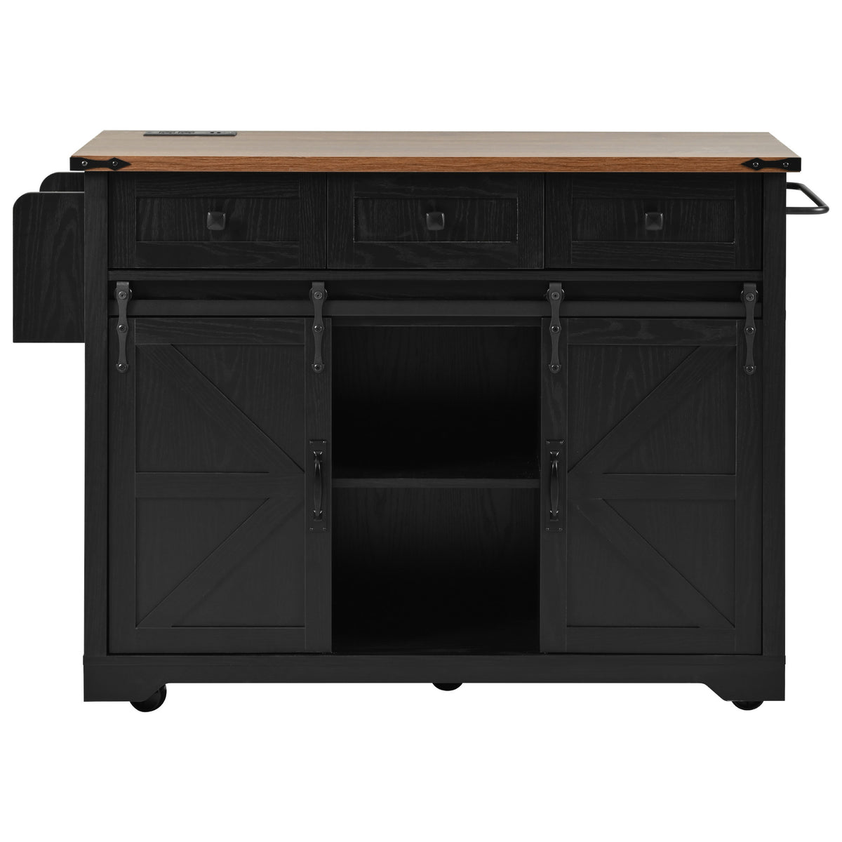 K&K 53.7" Farmhouse Kitchen Island with Power Outlet, 2 Sliding Barn Door Kitchen Storage Island with Drop Leaf, Spice Rack Rolling Kitchen Cart on Wheels, for Home, Kitchen and Dining Room, Black N707P170347B-djyc