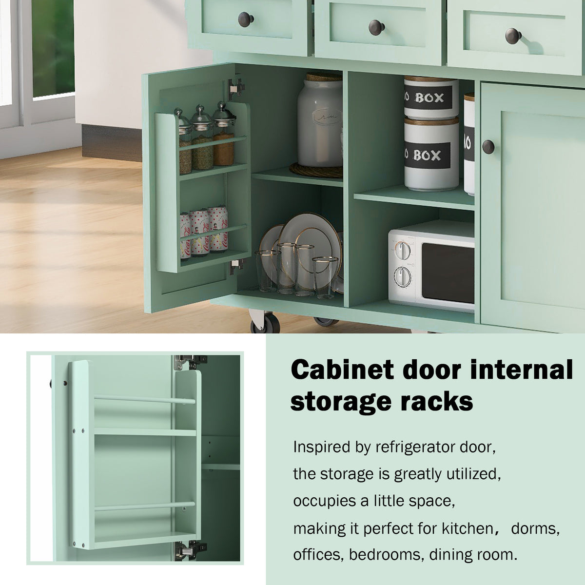 Kitchen Cart with Rubber wood Drop-Leaf Countertop ,Cabinet door internal storage racks,Kitchen Island on 5 Wheels with Storage Cabinet and 3 Drawers for Dinning Room, Mint Green WF298028AAE-djyc