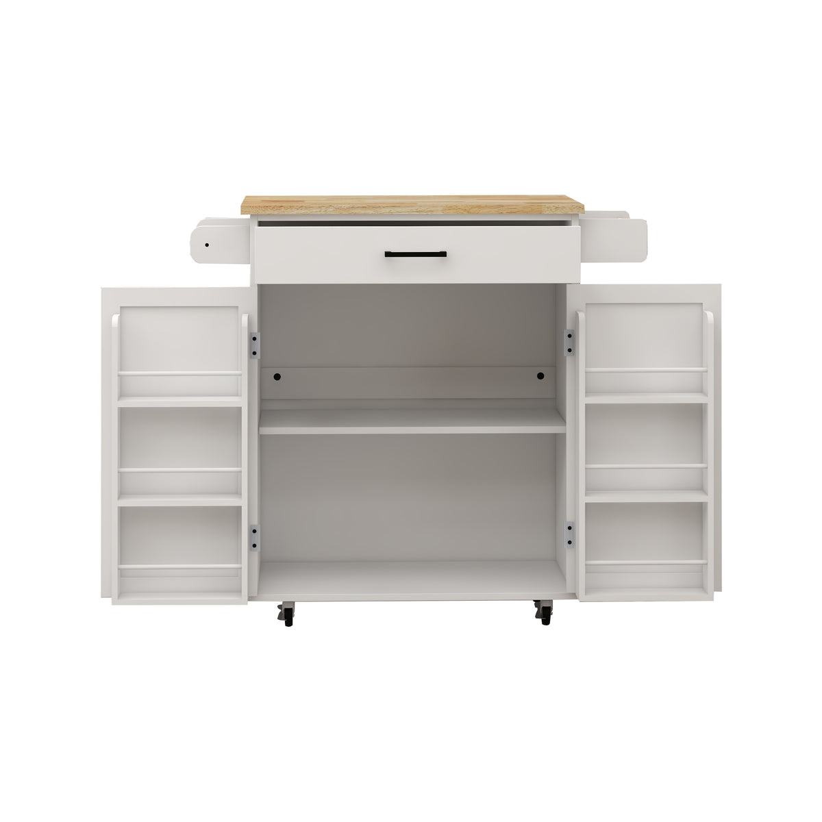 Kitchen island rolling trolley cart with 1 drawer & 2 doors with storage racks & Adjustable Shelves & towel rack & seasoning rack rubber wood table top-White W282P163314-djyc