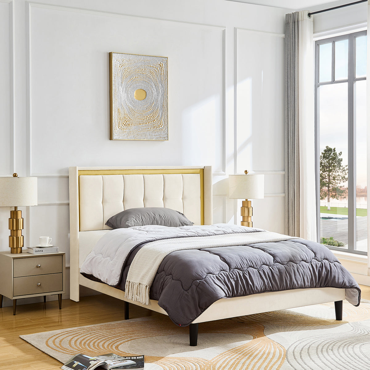 Queen Size Upholstered bed with headboard, sturdy wooden slats, high load-bearing capacity, non-slip and noiseless, no springs, easy to assemble, beige W1793115334-djyc